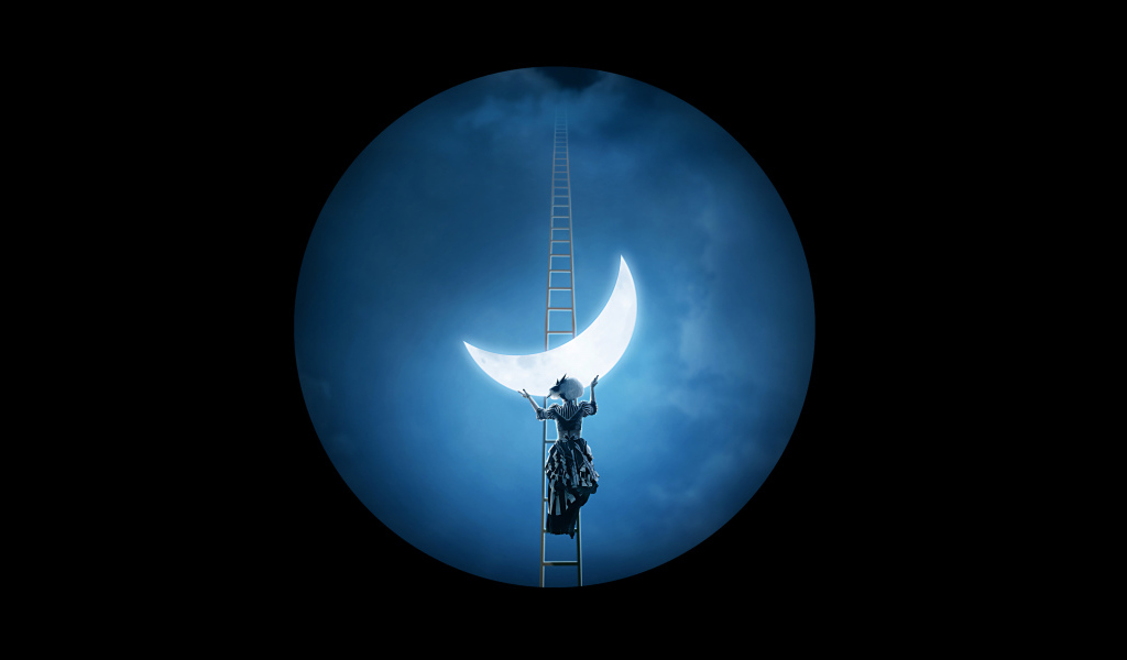 Девушка на лестнице вешает месяц на фоне луны 