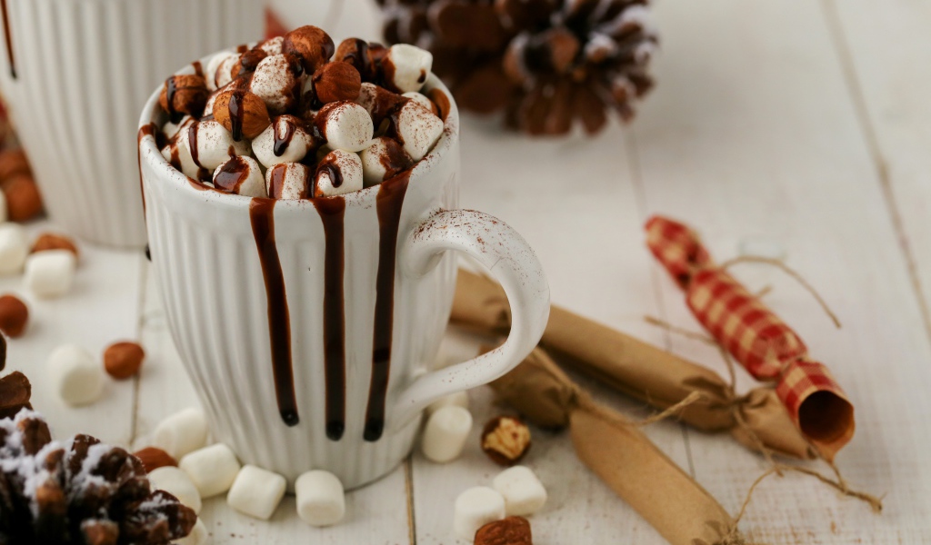 Чашка горячего шоколада с маршмеллоу и корицей 