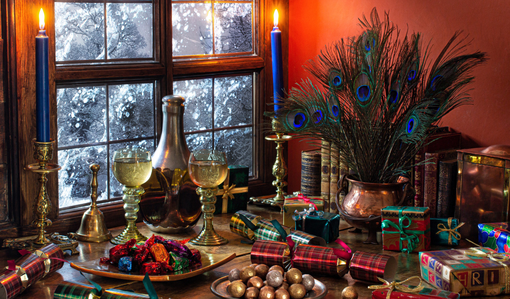 Candies, gifts and antique items on a table by the window