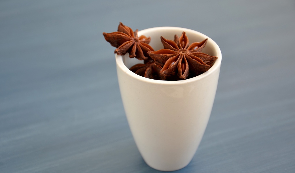 Звездочки бадьяна в белой чашке на столе 