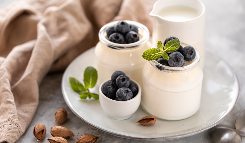 Йогурт на тарелке с ягодами черники 