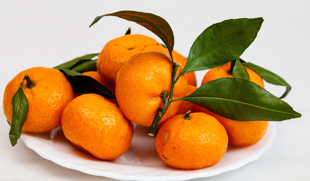 Свежие оранжевые мандарины с зелеными листьями на белой тарелке 
