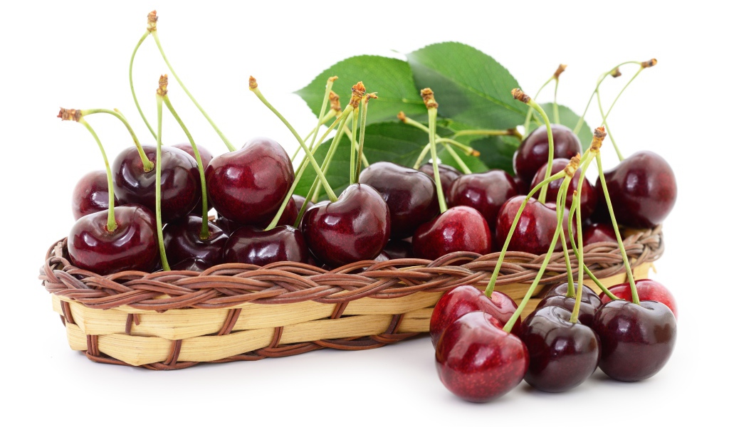 Много спелой крупной черешни в корзинке на белом фоне