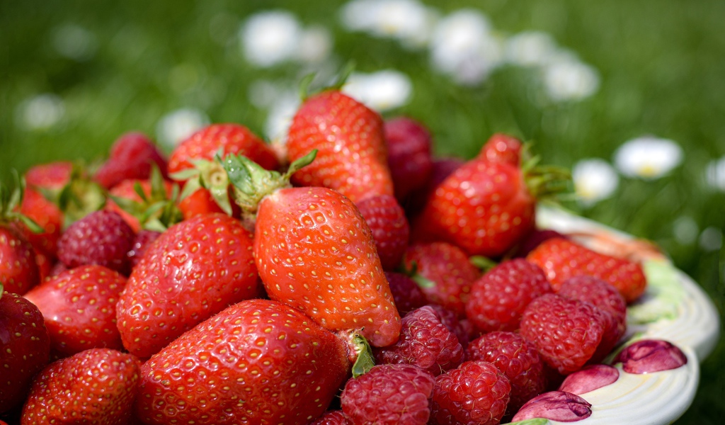 Спелая малина с ягодами клубники в тарелке 