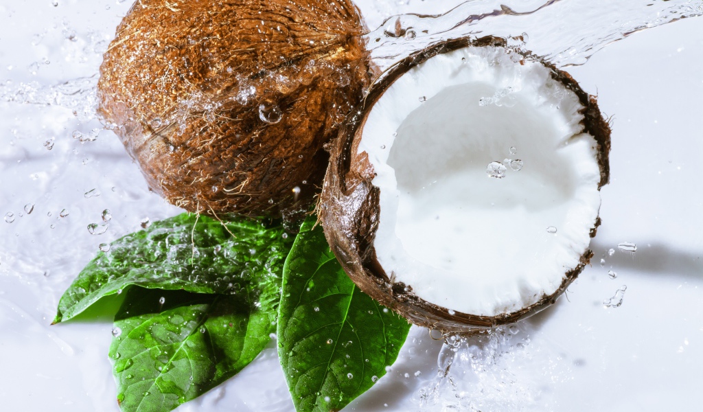 Два кокоса в брызгах воды на белом фоне