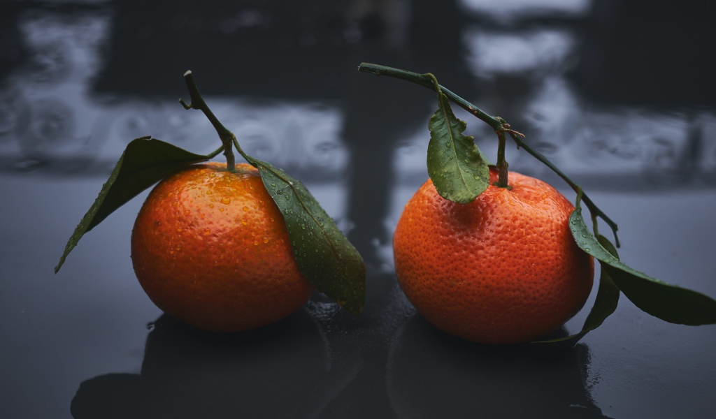 Два оранжевых мандарина лежат на мокрой поверхности 