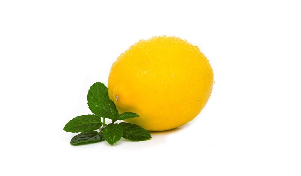 Мокрый лимон с мятой на белом фоне