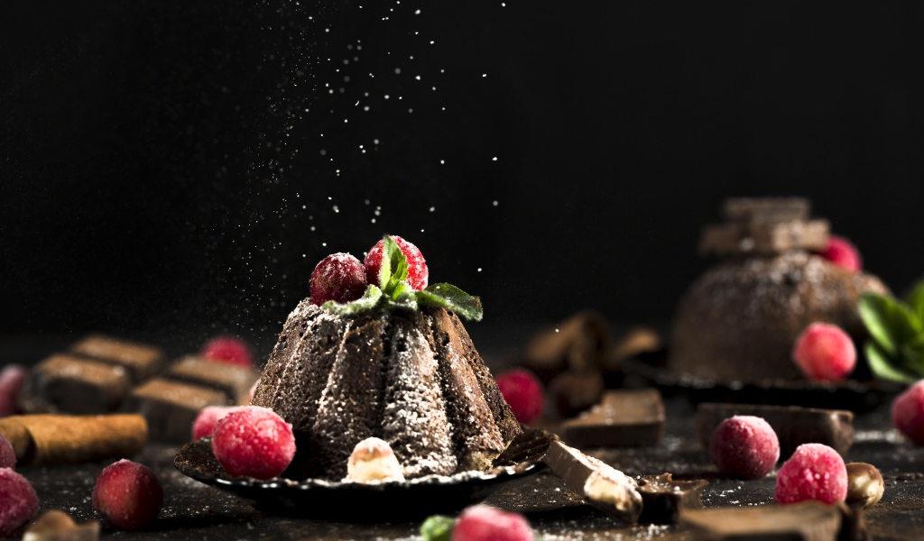 Шоколадный десерт на столе с ягодами клюквы 