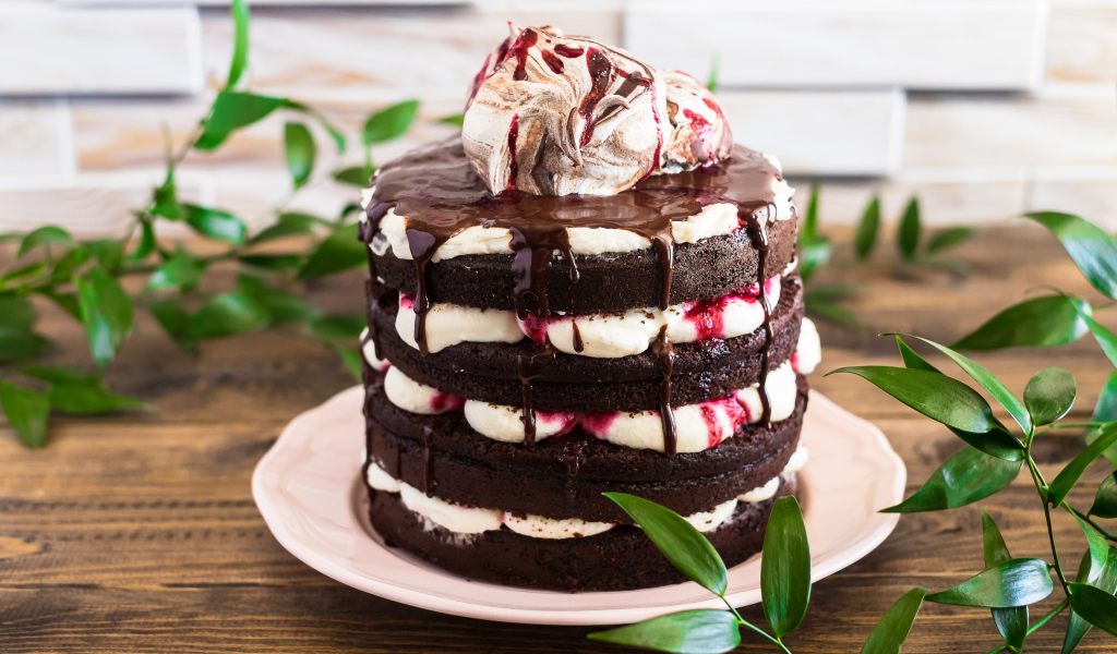 Вкусный шоколадный торт с кремом на столе 