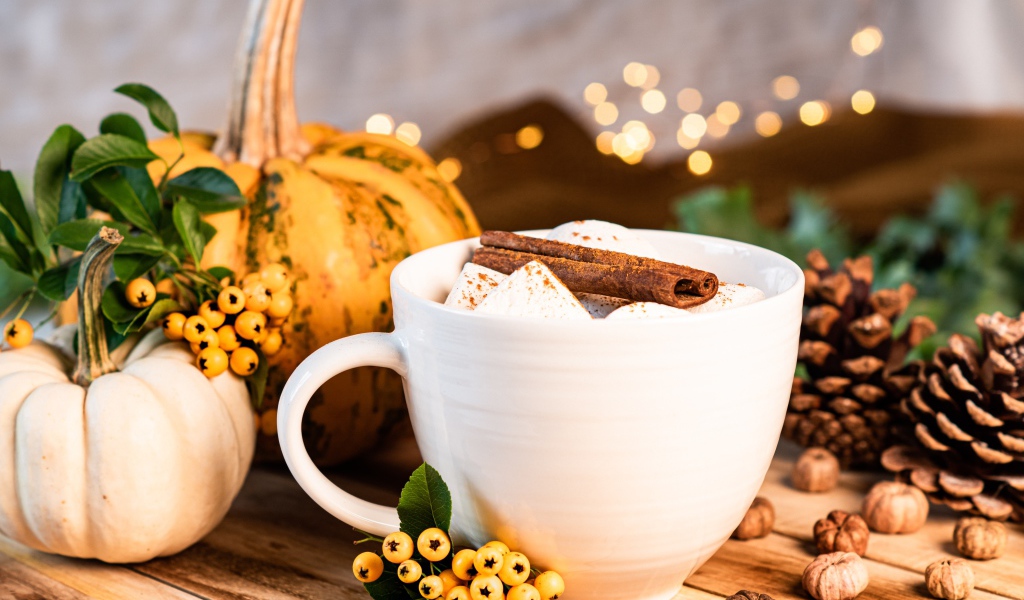Чашка горячего маршмеллоу с корицей на столе с тыквой и шишками