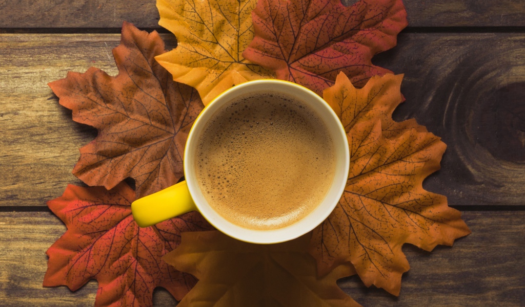 Чашка горячего кофе стоит на осенних листьях 