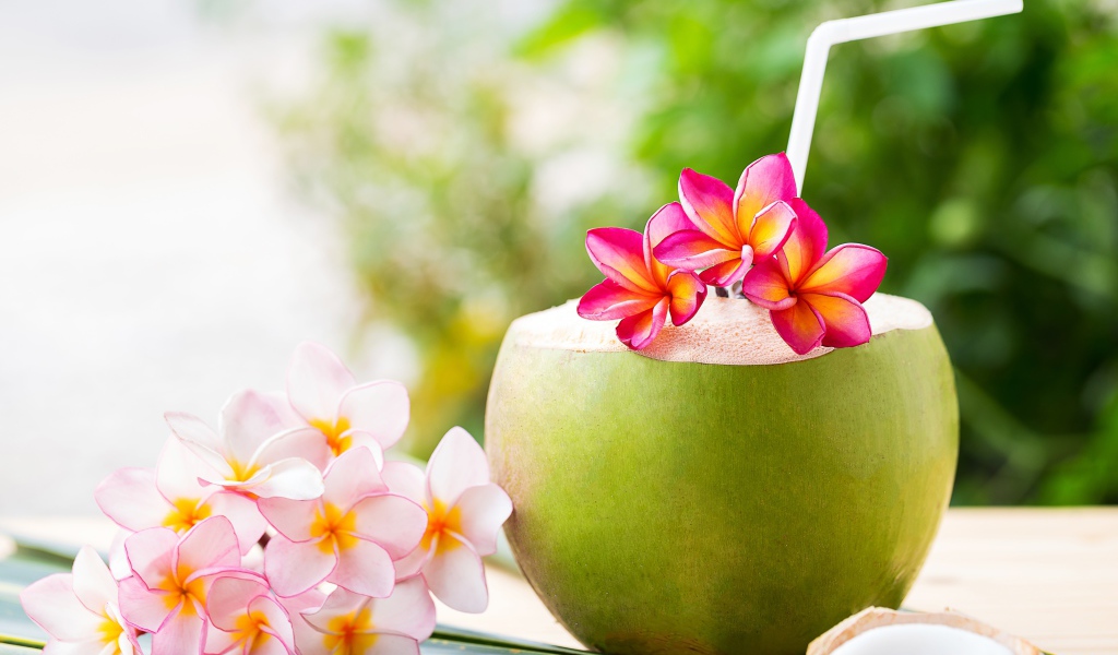 Коктейль в кокосе с цветами плюмерии 