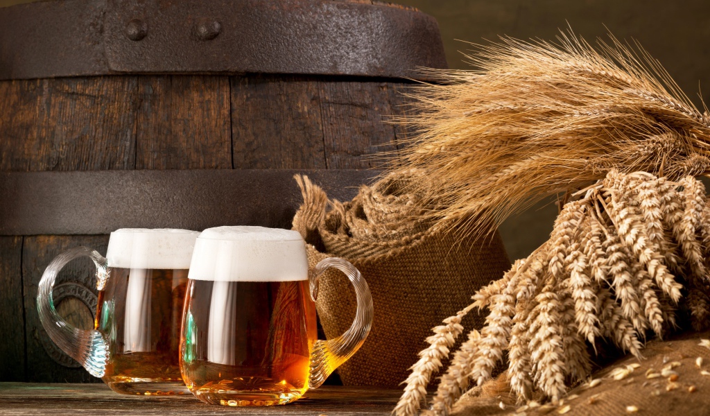 Два бокала пива на столе с колосьями пшеницы  и бочкой