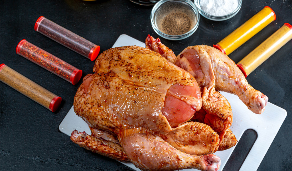 Курица на столе со специями 