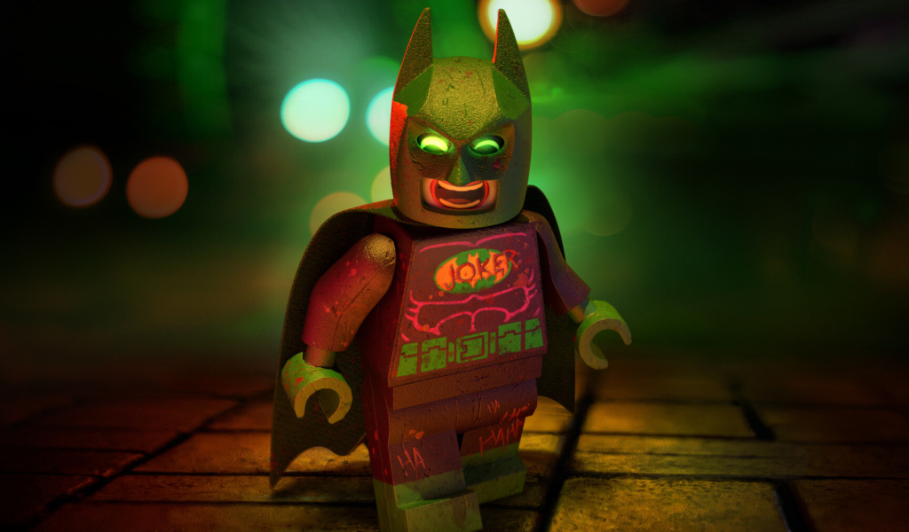 Lego Joker character in Batman mask close up