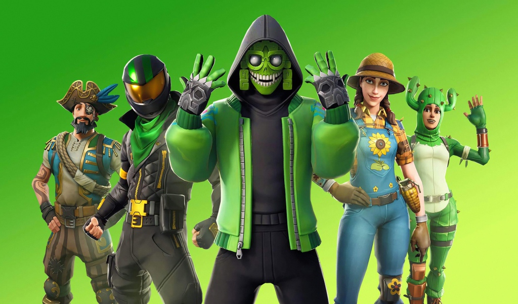 Персонажи компьютерной игры Fortnite 2 на зеленом фоне