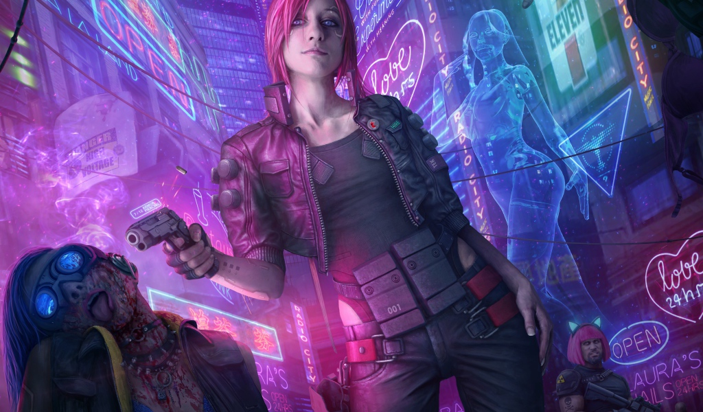 Девушка с оружием персонаж видео игры  Cyberpunk 2077