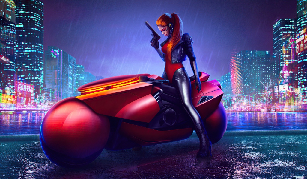 Девушка на фантастическом мотоцикле из видеоигры Cyberpunk