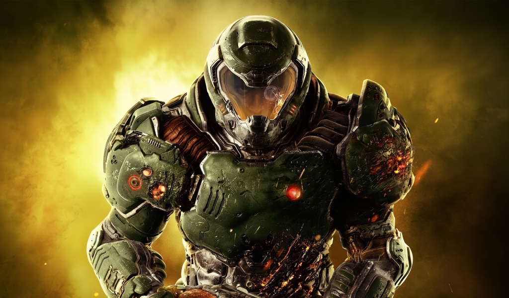 Warrior in armor character computer game Doom Eternal, 2020