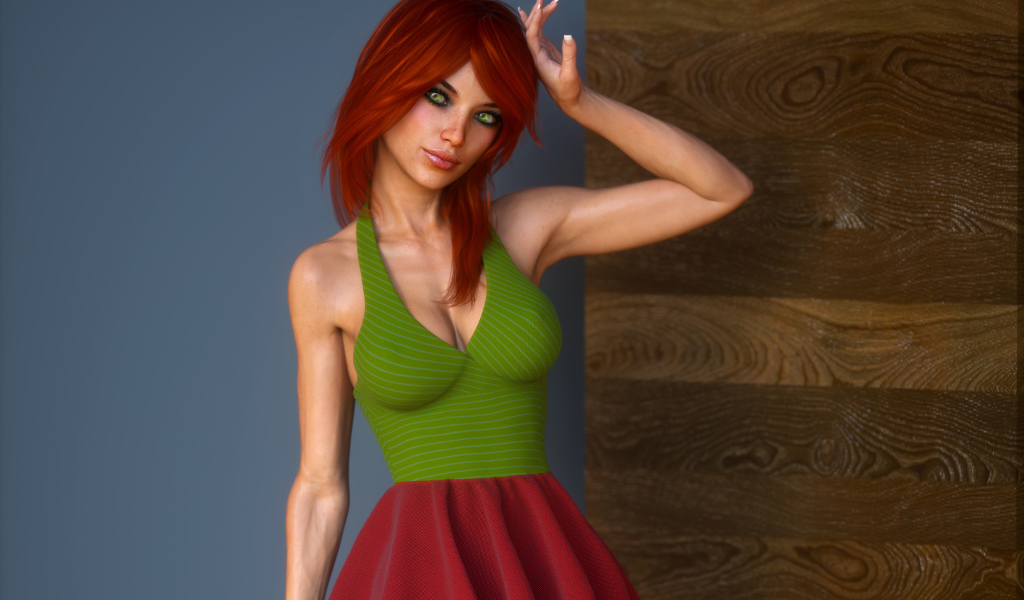 Рыжеволосая 3д девушка у стены