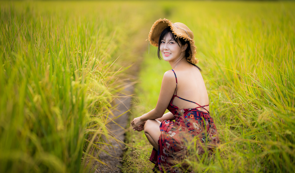 Девушка азиатка сидит на рисовом поле 