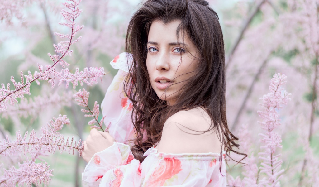 Красивая голубоглазая девушка в розовых зарослях 