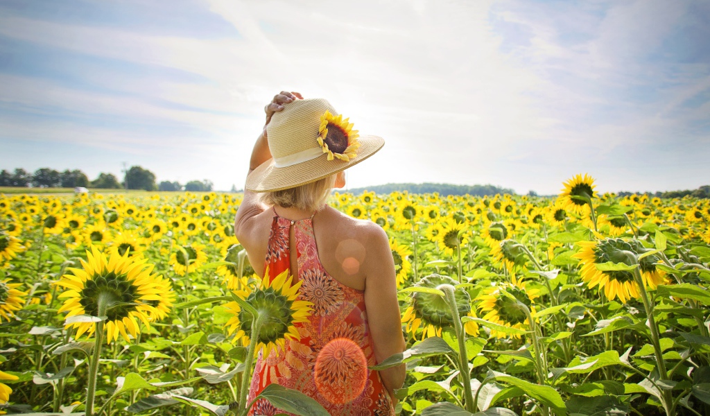 Красивая девушка в шляпке на поле с подсолнухами летом