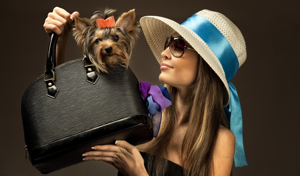 Девушка в шляпе с собакой в черной сумке 