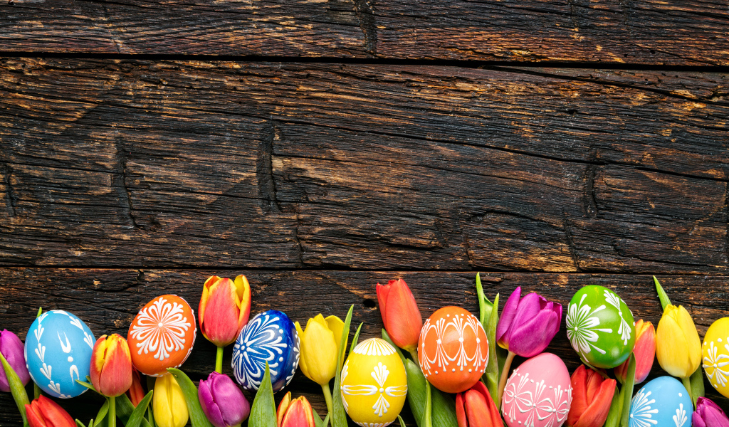 Разноцветные яйца и цветы тюльпана, шаблон для открытки на Пасху 