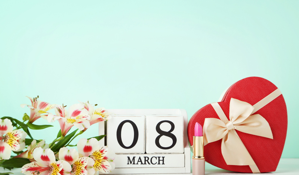 Альстромерия и подарок на голубом фоне на 8 марта