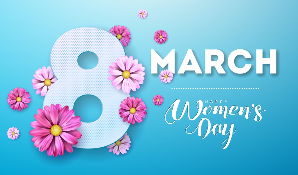 Открытка на голубом фоне на Международный женский день 8 марта