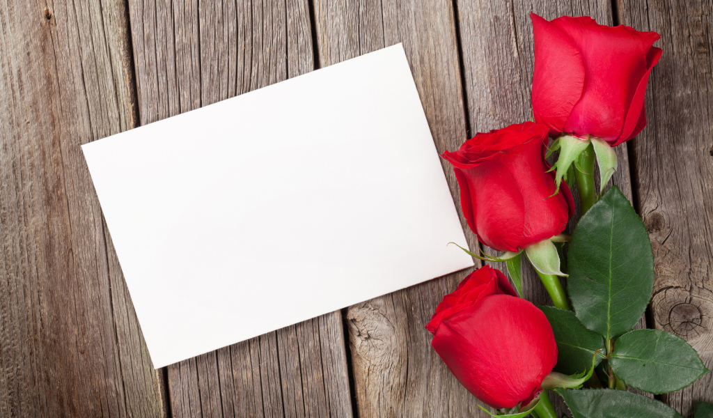 Три красные розы и лист бумаги, шаблон поздравительной открытки
