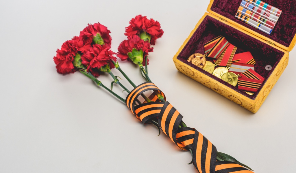 Букет гвоздик с георгиевской лентой и наградами на День Победы 9 мая
