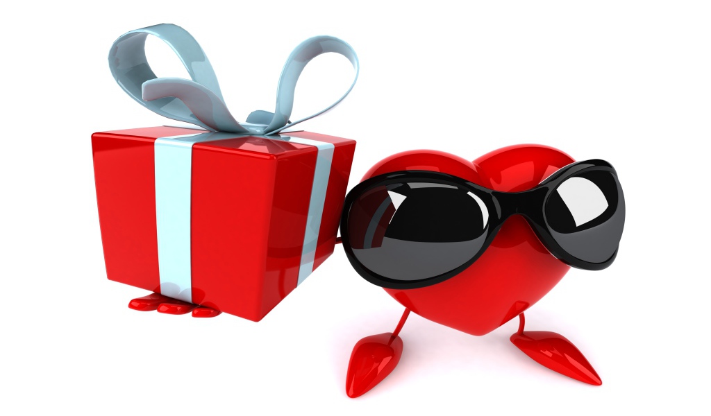 Сердце в черных очках с подарком на белом фоне на 14 февраля