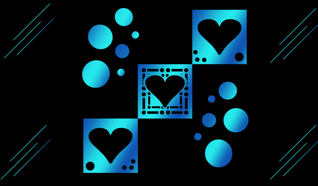 Голубые квадраты с сердечками на черном фоне