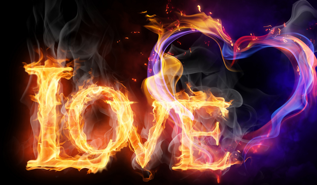 Огненное сердце и надпись любовь на черном фоне