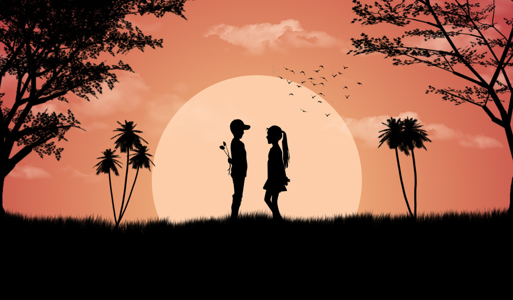 Loving couple on a background of the big moon