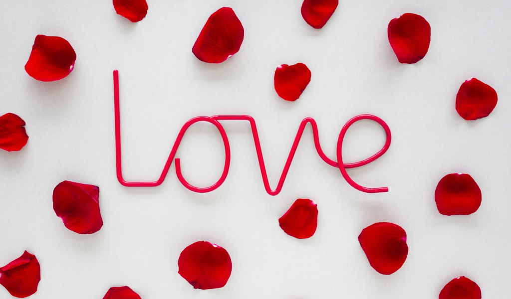 Розовая надпись Love на сером фоне с лепестками розы 