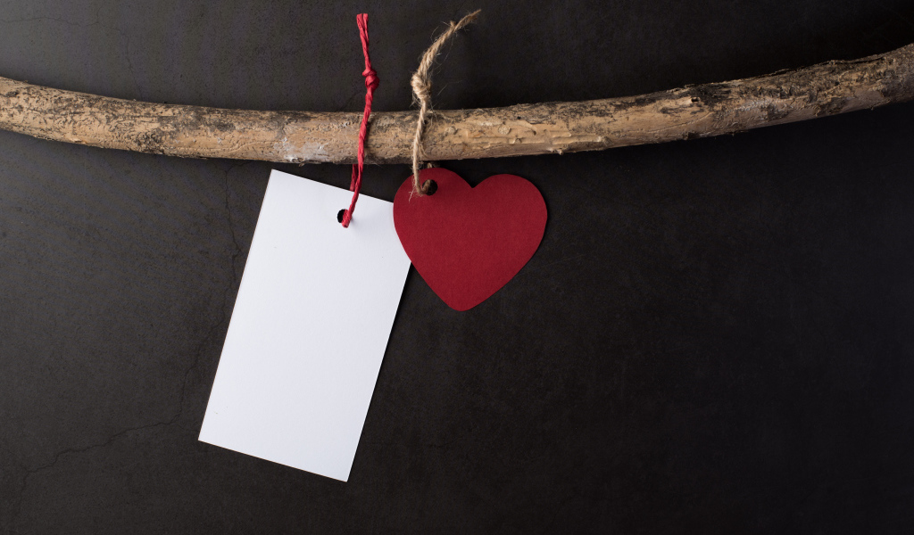 Красное сердечко и белый лист бумаги на ветке 