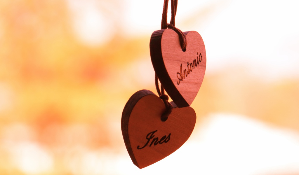 Два деревянных сердца на веревке  