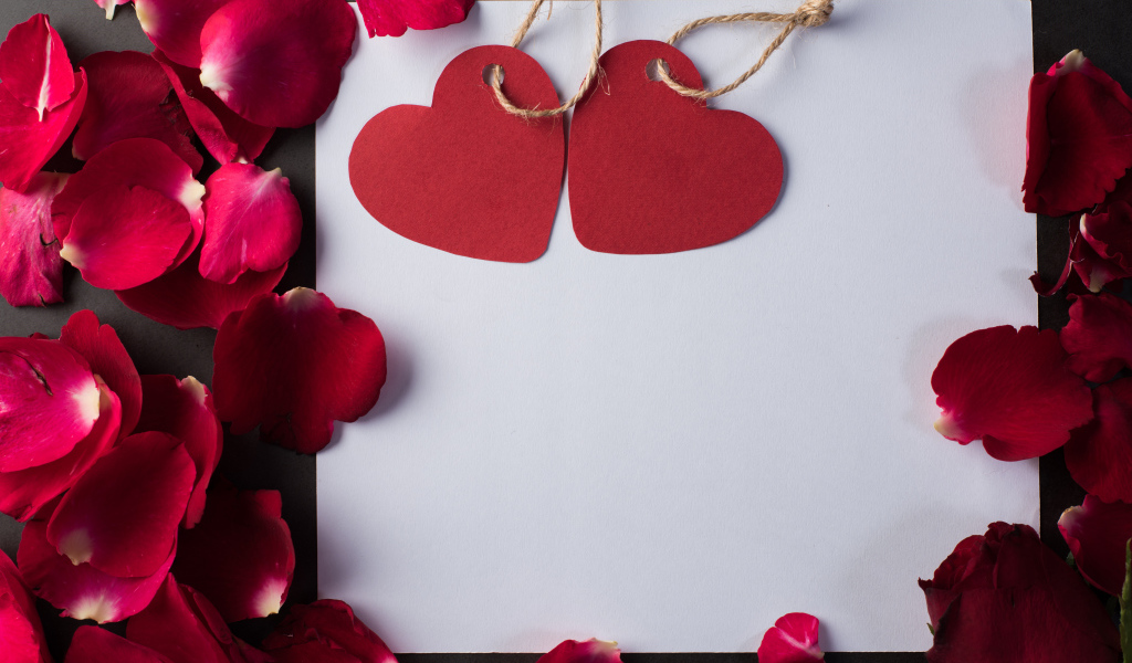 Белый лист бумаги с сердечками и лепестками роз 