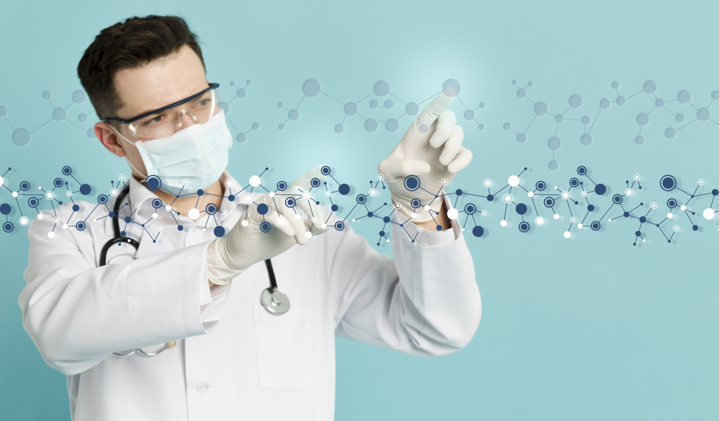 Мужчина доктор изучает молекулы на голубом фоне