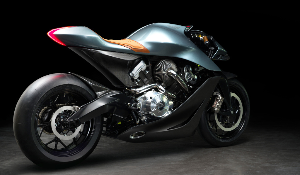 Серый мотоцикл Aston Martin Brough Superior AMB-001 EICMA 2019 года на черном фоне