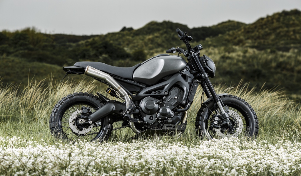 Черный мотоцикл Yamaha Tuning XSR900 в поле 