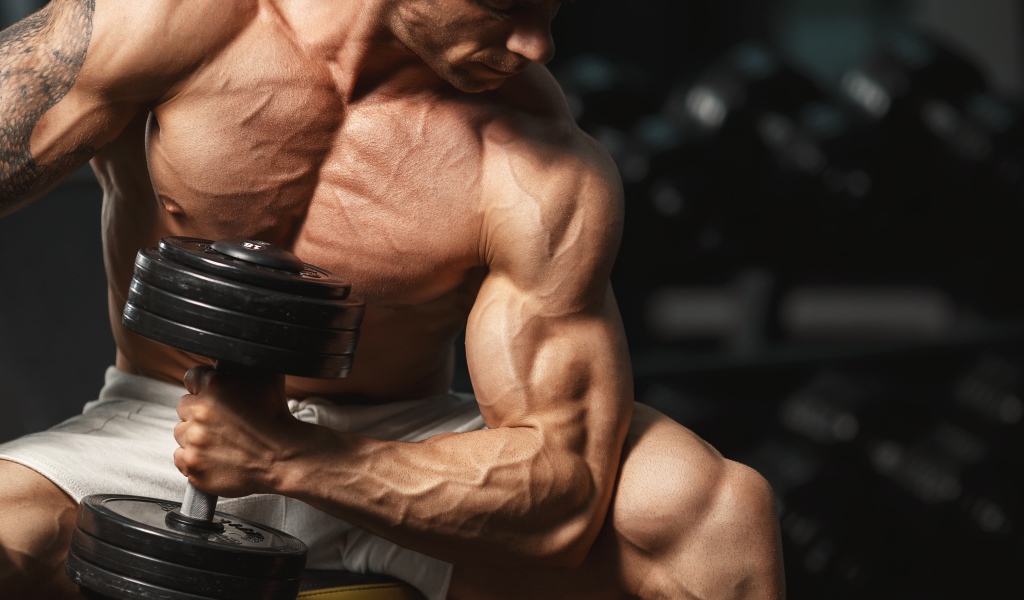 Сильный мужчина качает мускулы гантелей 