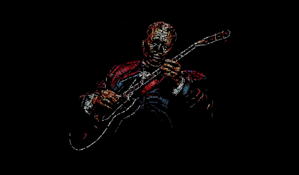 Образ гитариста Би Би Кинга надписями на черном фоне 