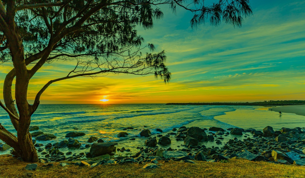 Красивый вид на морской берег с камнями на закате