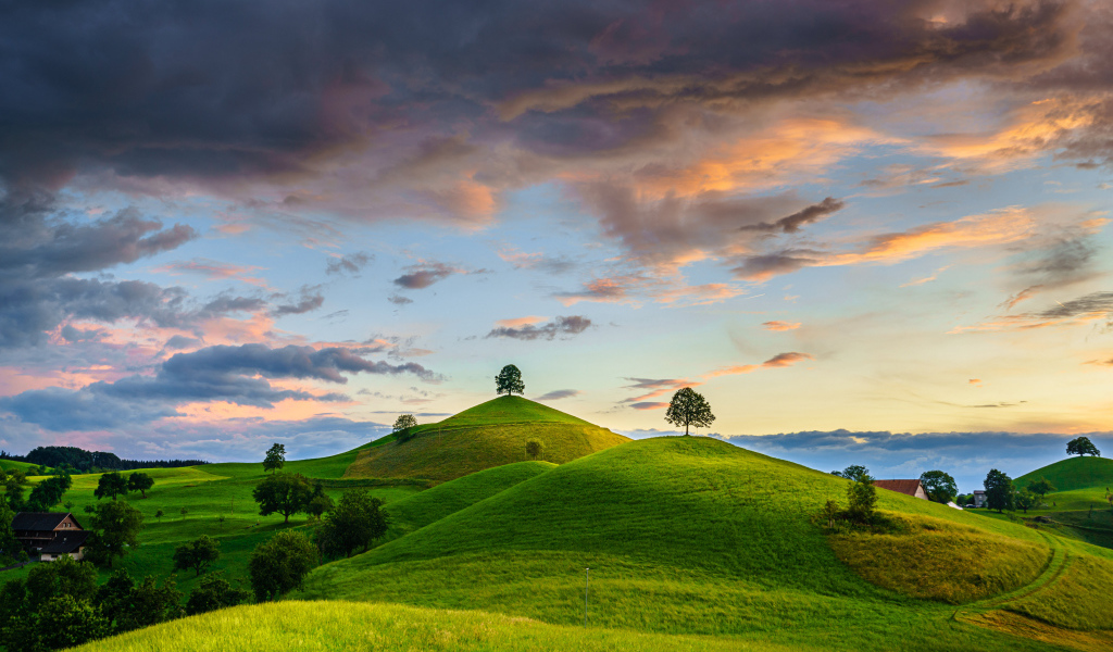 Зеленые холмы с деревьями под небом с грозовыми облаками