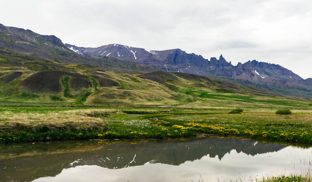 Озеро у холмов с зеленой травой в горах