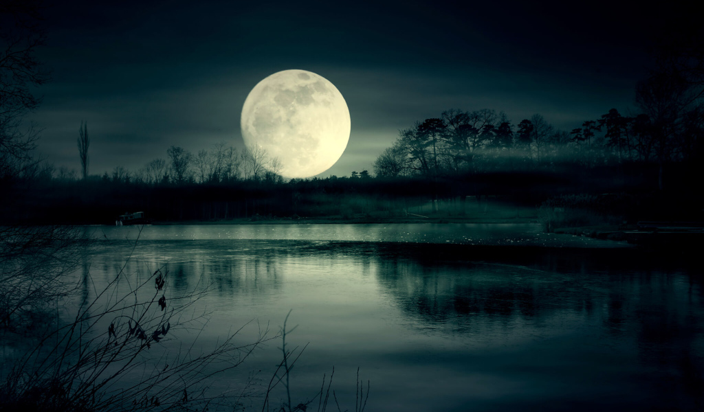 Огромная белая луна над озером ночью